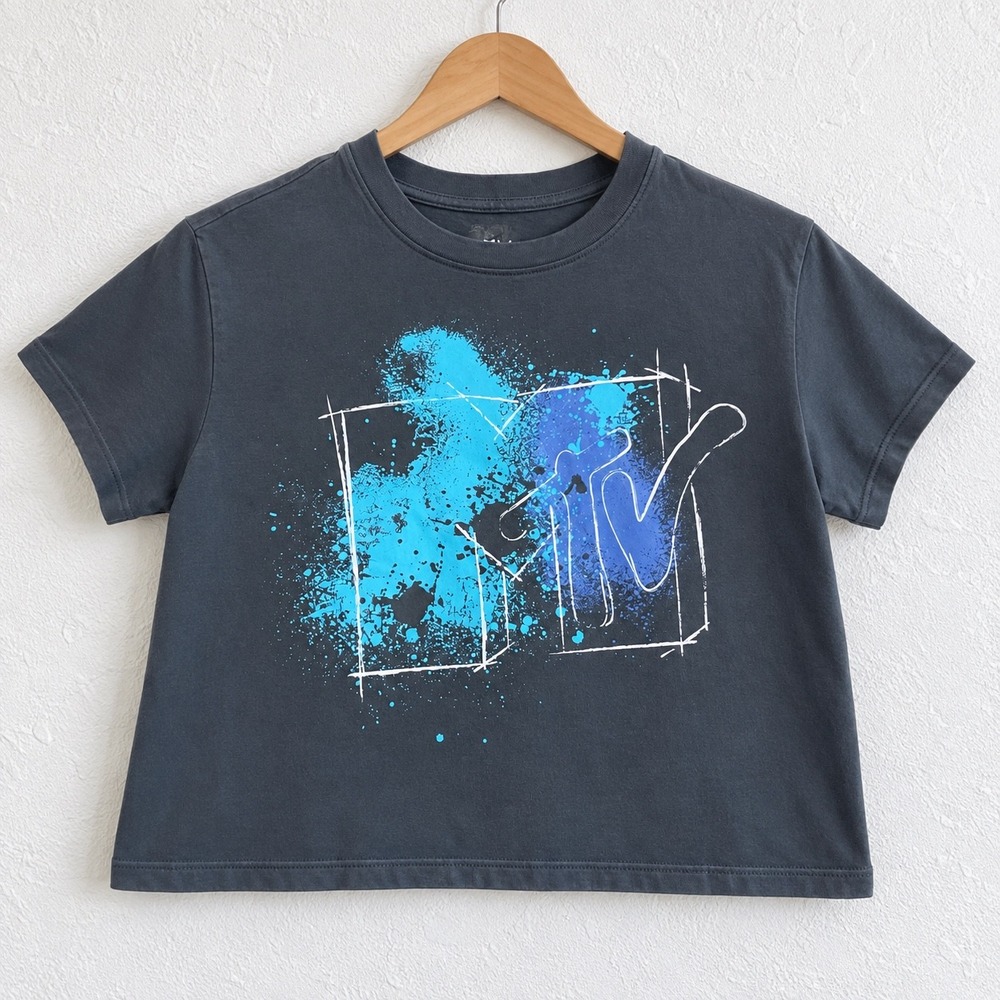 MTV Official Juniors Splatter Paint Cropped TShirt Y2K Grey Blue Print Sz S